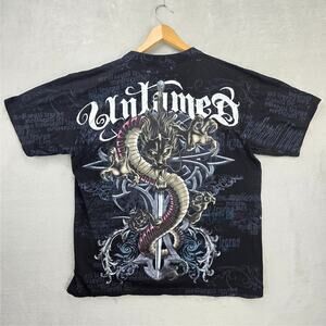 Vintage Untamed Dragon Cross Shirt XL Y2K Cyber Mall Goth Grunge Affliction AOP